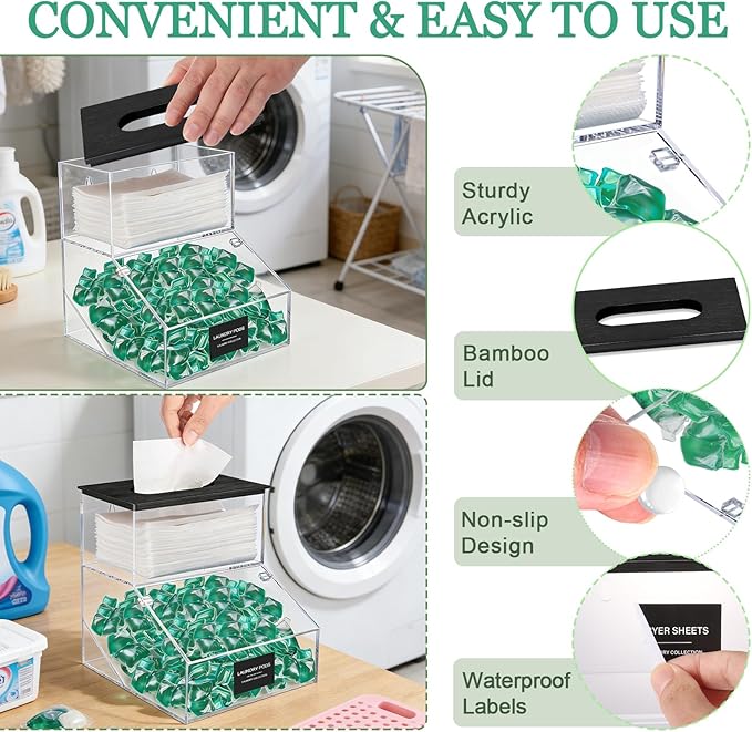 2 in 1 Dryer Sheet Holder & Laundry Pods Container, Laundry Detergent Organizer Container with Lid, Acrylic Laundry Room Organization Storage Containers with Labels, Dishwasher Pod Holder