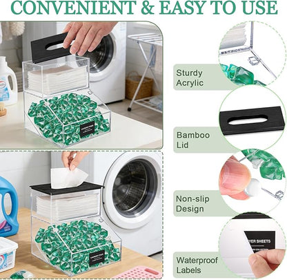 2 in 1 Dryer Sheet Holder & Laundry Pods Container, Laundry Detergent Organizer Container with Lid, Acrylic Laundry Room Organization Storage Containers with Labels, Dishwasher Pod Holder