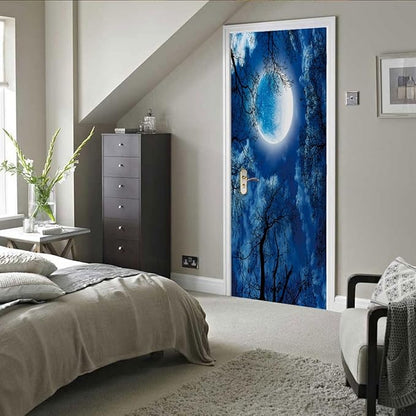 A.Monamour 3D Door Stickers for Interior Doors Silhouette of Dry Tree Against Night Blue Sky and Bright Full Moon Vinyl Waterproof Self Adhesive Door Mural Decals for Bedroom Office Bathroom 90x200cm