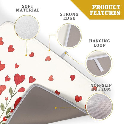 Valentine's Day Dish Drying Mat 18 x 24 Inch With Absorbent Reversible Microfiber Valentine Red Hearts Leaf Drying Anniversary Wedding Dish Drainer Mat Fast Dry For Kitchen Dining Room Decor