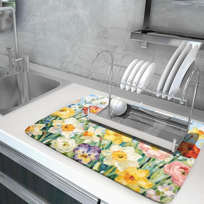 Spring Floral Dish Drying Mat for Kitchen Counter 18x24 Yellow Pink Narcissus Flower Seasonal Themed Summer Absorbent Reversible Microfiber Drying Mats Kitchen Countertop Protector Dishes Drainer Pad