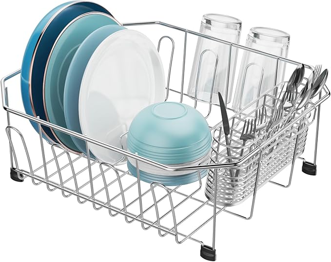 GSlife Small in Sink Dish Drying Rack - Stainless Steel Compact Dish Drainer for RV Kitchen Apartment Sink, Rust Resistant Inside Sink Rack, 1–2 Person Households, 13.1" W x 14.4" L, Silver
