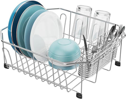 GSlife Small in Sink Dish Drying Rack - Stainless Steel Compact Dish Drainer for RV Kitchen Apartment Sink, Rust Resistant Inside Sink Rack, 1–2 Person Households, 13.1" W x 14.4" L, Silver