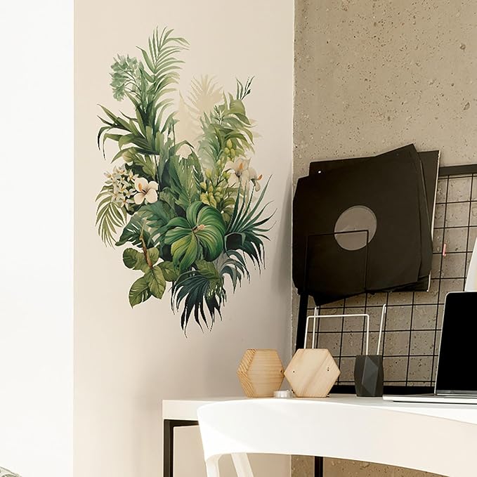 Botanical Wall Decals with Palm Leaves Lush Green Foliage White Flowers Removable Peel and Stick Wall Art 22.4x15.7 inches for Living Room Nursery Home Decor