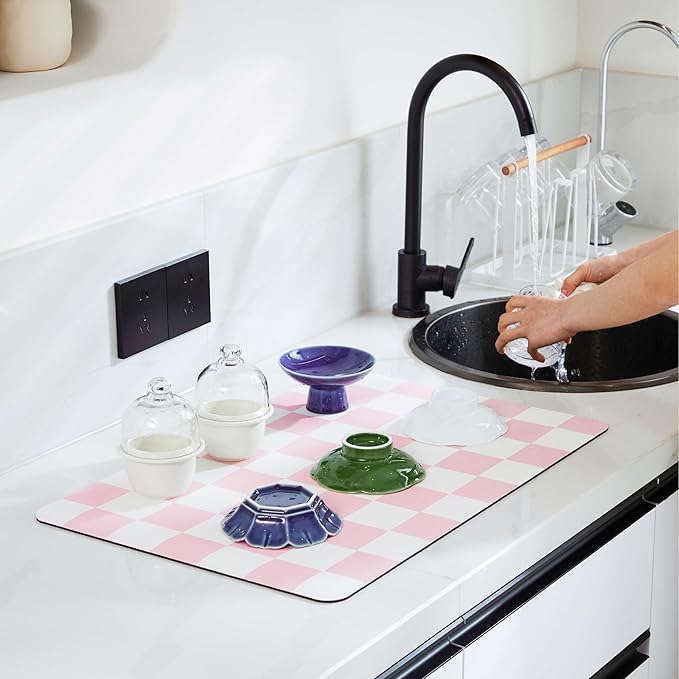 Ohocut Checkered Dish Drying Mat for Kitchen Counter, Coffee Bar Station Accessories, Retro Cute Aesthetic Girly Women Modern Absorbent Drainer Mat Kitchen Drying Mat Easy Clean, Pink 16" x 24"