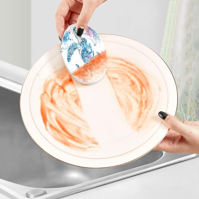 Sea Turtle Kitchen Scrub Sponges, Pop-up Kitchen Cleaning Sponges Reusable Dish Washing Sponges for Bathroom Household Cleaning 3 Pack - Non Scratch Scrubber