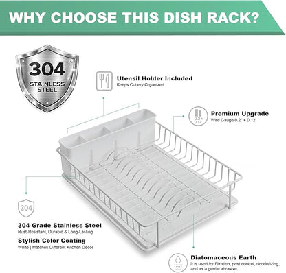 SunnyPoint 304 Stainless Steel Dish Drying Rack with Diatomaceous Earth Drainboard & Removable Utensil Caddy – Rust Resistant Countertop Dish Rack for Kitchen (White)