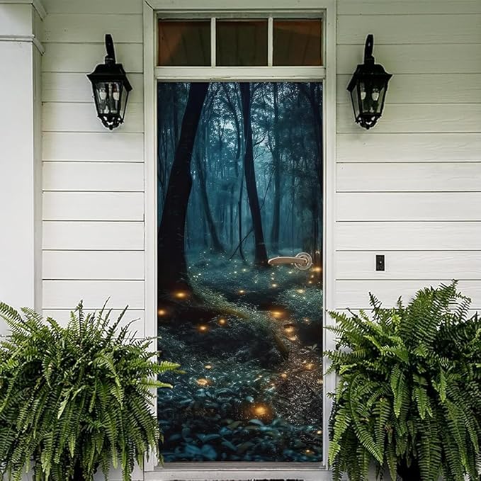 REDAMANCY Mystic Forest Tree Mushroom Firebee Peel and Stick Door Stickers Vinyl 3D Door Mural Decals Decor Wallpaper Self-Adhesive, Waterproof, Removable