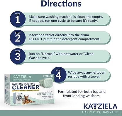 Katziela Washing Machine Cleaner Tablets – 6 Pack (3-Month Supply) – Loosens Pet Hair & Eliminates Odors – Fragrance-Free Enzyme Formula – Safe for All Washers – HE Compatible & Septic Safe