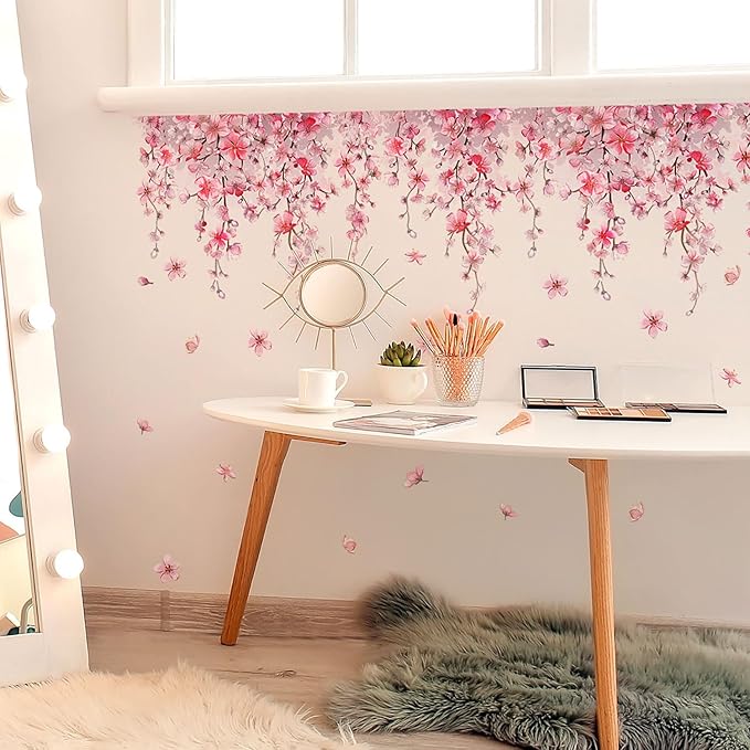 Cherry Blossom Flower Vine Wall Decal Peel and Stick Removable Floral Wall Art for Girls Bedroom Nursery Living Room Decor with Hanging Vines Blossoms