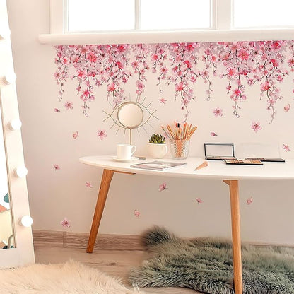 Cherry Blossom Flower Vine Wall Decal Peel and Stick Removable Floral Wall Art for Girls Bedroom Nursery Living Room Decor with Hanging Vines Blossoms