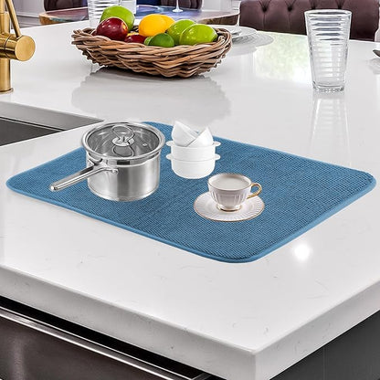 2 Pcs Large Size Dish Drying Mats for Kitchen Counter, Reusable Dishes Drainer Mats, Absorbent Microfiber Dish Drying Pad for Countertops, Racks, Under Sink (Blue, 24 x 18 Inch)