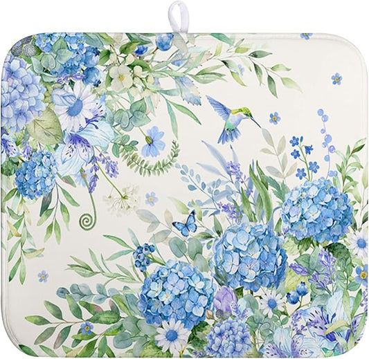 Blue Hydrangea Dish Drying Mat for Kitchen Counter 16 x 18 Inch Spring Floral Hummingbird Butterfly Absorbent Microfiber Dish Mat Reversible Washable Heat Resistant Dry Pad for Coffee Bar