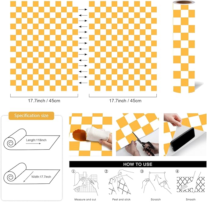 Modern Peel and Stick Wallpaper Orange and White Mosaic Checkered Contact Paper 17.7"x118" Self Adhesive Lattice Wallpaper Removable Decorative Wallpapers for Bedroom Countertops Cabinet Vinyl Roll