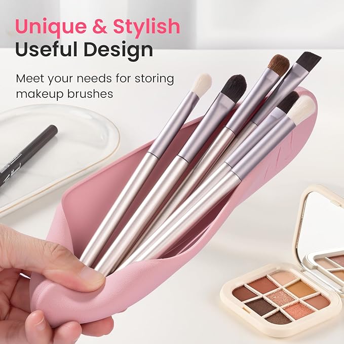 Travel Makeup Brush Holder, Silicon Trendy and Portable Cosmetic Face Brushes Holder, Make Up Organizer Bag Case, Cosmetic pouch,Toiletry Organizer (Pink)