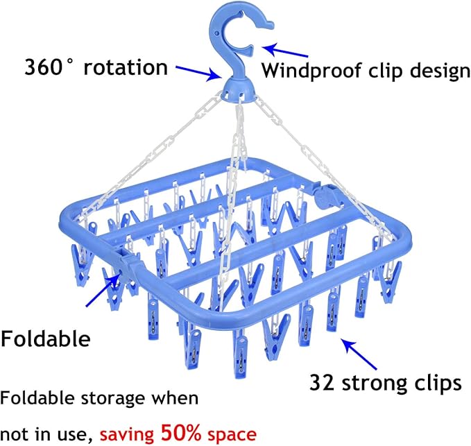 32 Clips Foldable Clothes Drying Rack, 360° Rotating Hanger with Windproof Hook for Socks Underwear Baby Clothes Towels Bras Diapers Scarf Gloves Portable Laundry Rack