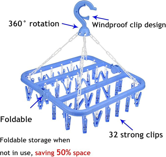 32 Clips Foldable Clothes Drying Rack, 360° Rotating Hanger with Windproof Hook for Socks Underwear Baby Clothes Towels Bras Diapers Scarf Gloves Portable Laundry Rack