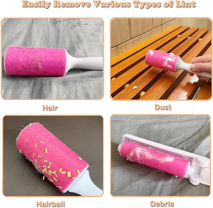 Washable Gel Lint Roller 3 Pack, Reusable Sticky Lint Roller Portable Pet Hair Remover Cleaner for Clothes, Travel, Home, Large with Cover and Foldable Mini Remover, Pink