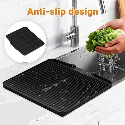 Silicone Dish Drying Mat for Kitchen Counter, Dish Drying Pad, Non-Slip Drain Pad with Built-in Drain, Heat Resistant Stone Drying Mat,Black-1Set