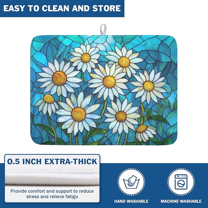 Daisy Drying Mat 24x18 Inch, Summer Spring Drying Mat with Absorbent Reversible Microfiber, Rustic Flowers Dish Drainer Mats Floral Rack Pad for Coffee Countertop Kitchen Protector