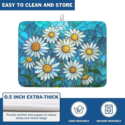 Daisy Drying Mat 24x18 Inch, Summer Spring Drying Mat with Absorbent Reversible Microfiber, Rustic Flowers Dish Drainer Mats Floral Rack Pad for Coffee Countertop Kitchen Protector