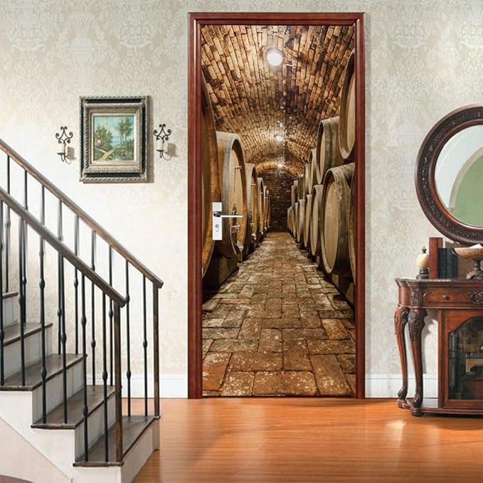 3D Door Stickers Murals Peel and Stick - Wine Cellar Wallpaper Self-Adhesive Decals Removable PVC Waterproof Poster for Bedroom Living Room Decoration 35.4" x 78.7"