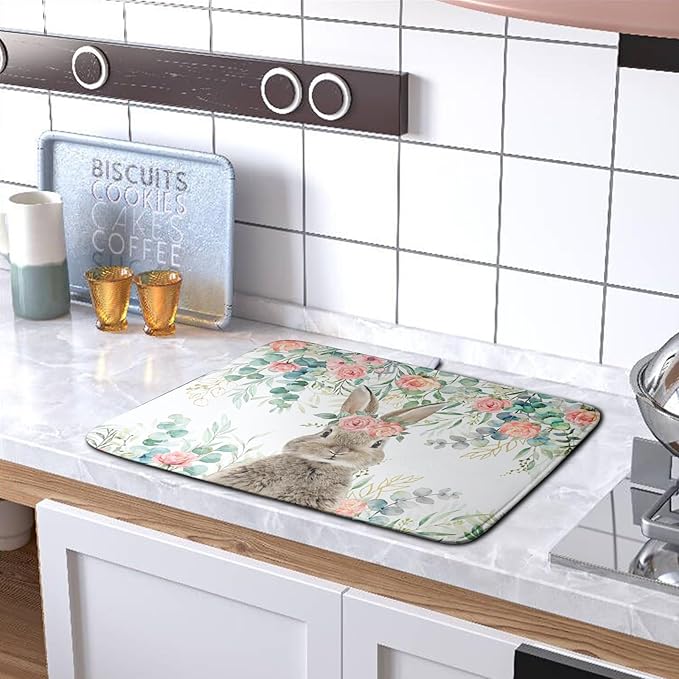 Easter Rabbit Dish Drying Mats for Kitchen Counter Easter Spring Watercolor Floral Bunny Absorbent Dish Drying Mat 18x24 Inch Absorbent Reversible Reusable Washable Dishes Drainer Mats
