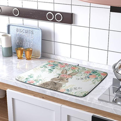 Easter Rabbit Dish Drying Mats for Kitchen Counter Easter Spring Watercolor Floral Bunny Absorbent Dish Drying Mat 16x18 Inch Absorbent Reversible Reusable Washable Dishes Drainer Mats
