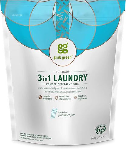 Grab Green Natural 3 in 1 Laundry Detergent Pods, Free & Clear/Unscented, 60 Loads, Fragrance Free, Organic Enzyme-Powered, Plant & Mineral-Based, 34 Ounce