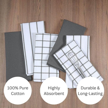 Assorted Waffle Kitchen Towels 100% Cotton Set of 6 - Heavy Duty 320 GSM Quality Dish Cloths Towel - Soft Absorbent Washable for Kitchen Use - Quick Drying Dish Towel 16x26 inch Grey