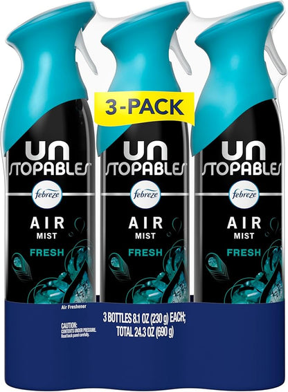 Febreze Air Mist, Air Freshener Spray, Odor Fighting Room Spray, Deodorizer for Home Bathroom Kitchen Office Apartment Dorm Room Classroom, Unstopables Fresh Scent, 8.1oz (Pack of 3)