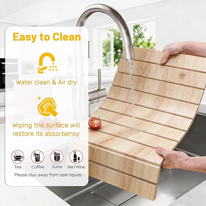 Dish Drying Mats, Large 24x16 Inch Diatomaceous Earth Drying Mat / Fast-Absorbing,Non-Slip Stone Drying Mat For Kitchen Counter / Eco-Friendly for Dishes(Dark wood grain)