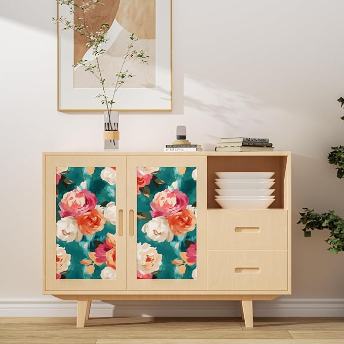 Watercolor Floral Wallpaper Peel and Stick, Blue and Pink Rose Flower Contact Paper Removable Waterproof Self-Adhesive Wall Paper for Bedroom Countertop Desk Cabinets Decor 17.4" x 78" Renter Friendly