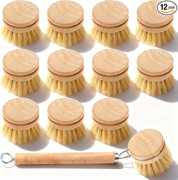 12-Piece Wooden Kitchen Dish Brush Set with One Bamboo Handle & 11 Replacement Heads, Natural Fiber Scrubber for Pots Pans Bottles Vegetables Cleaning