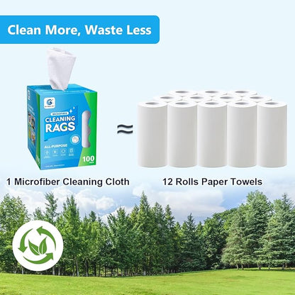 GLIMGLINT White Microfiber Cleaning Cloth, 100 Pack Cleaning Rags, Lint-Free, Ultra Absorbent Reusable Paper Towels for Home, Kitchen, Car, Garage or Shop, Dish Rags, 11" x 9"