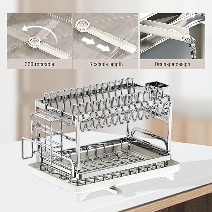 Bowl and Dish Drying Rack, 2-Layer Stainless Steel Kitchen countertop Drain Rack with Drain Plate, Suitable for Plate Cup/Knife/Bowl Dish Sorting Rack, Capable of draining Bowls and Dishes