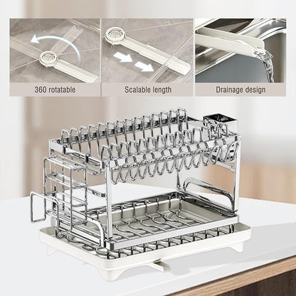 Bowl and Dish Drying Rack, 2-Layer Stainless Steel Kitchen countertop Drain Rack with Drain Plate, Suitable for Plate Cup/Knife/Bowl Dish Sorting Rack, Capable of draining Bowls and Dishes
