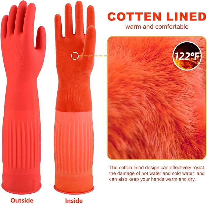 North Tower Rubber Gloves Kitchen Cleaning For Washing Dishing Kithchen, warmming Heat Resistant Dishwashing Gloves,18",2 Pairs Medium