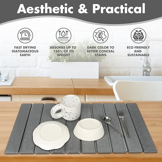 Large Stone Dish Drying Mat for Kitchen Counter, Eco-friendly, Instant Drying Pad,Diatomaceous Earth Water Absorbing Mat, Foldable and Super Absorbent Dish Drying Stone Mat, 24"×16", Dark Gray