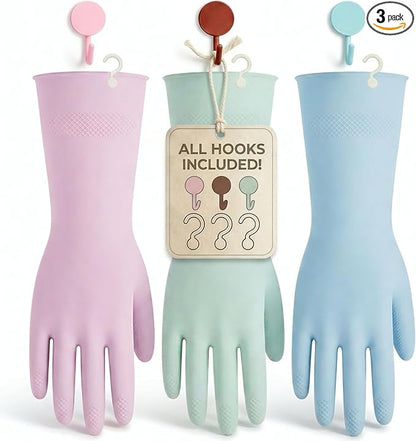 IMARU 3 Pairs Dishwashing Gloves with Hanging Hooks - Reusable Rubber Cleaning Gloves for Household & Kitchen & Gardening, Non-Slip & Waterproof & Durable (Small)