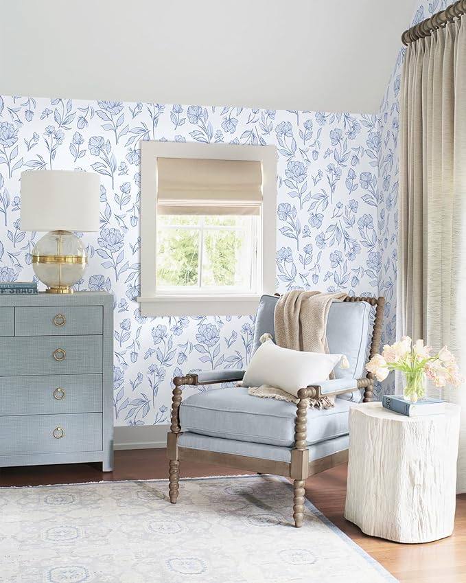 Timeet Floral Peel and Stick Wallpaper Blue and White Wallpaper Removable Self-Adhesive Wall Paper for Bedroom Bathroom Vintage Contact Paper for Walls Covering 17In×78.7In