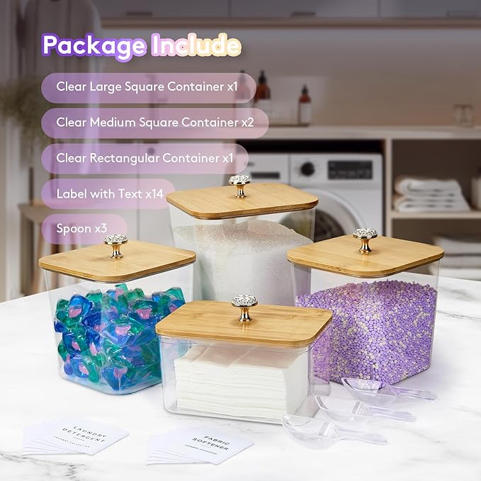 POLRAI 4 Pack Laundry Pod Containers and Dryer Sheet Holder for Laundry Room Organization Clear Jars with Lids and Labels for Laundry Detergent Laundry Pods Dry Sheet Organizing