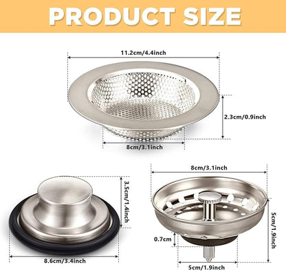 Mudder 3 Pcs Kitchen Sink Drain Strainer and Stopper Stainless Steel Garbage Disposal Plug with Handle Universal Anti-Clogging Kitchen Sink Filter Sieve Basket Strainer(Brushed Silver)