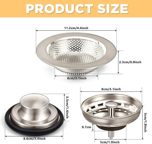 Mudder 3 Pcs Kitchen Sink Drain Strainer and Stopper Stainless Steel Garbage Disposal Plug with Handle Universal Anti-Clogging Kitchen Sink Filter Sieve Basket Strainer(Brushed Silver)