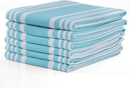 TEXAS LINEN CO. American Stripe Kitchen Towels 100% Cotton Pack of 6, Highly Absorbent Quick Drying, Soft Dish Towels 20x30 Inch for Kitchen with Hanging Loop, Hand & Tea Towel - Aqua & White Striped