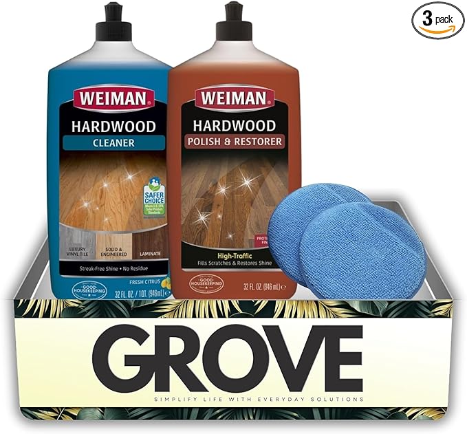 Weiman High Traffic High Gloss Hardwood Floor Polish & Restorer 32 oz, Citrus Scent Cleaner 32 oz Bundle with Microfiber Applicator Pads – Protects, Cleans & Shines – Gift Set (3 Items)