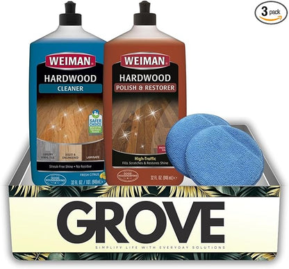 Weiman High Traffic High Gloss Hardwood Floor Polish & Restorer 32 oz, Citrus Scent Cleaner 32 oz Bundle with Microfiber Applicator Pads – Protects, Cleans & Shines – Gift Set (3 Items)