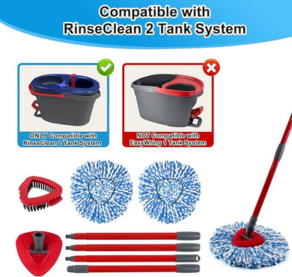Spin Mop Handle,Mop Head,Base and Brush for OCedar RinseClean 2 Tank System,Include 2 Microfiber Spin Mop Replacement Head,4 Section 30-58" Iron Mop Handle,1 Base and 1 Scrub Brush for Floor Cleaning