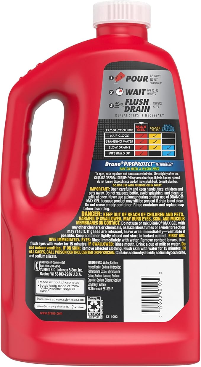 Drano Max Gel Drain Clog Remover & Cleaner, Fast-Acting to Unclog Standing Water & Remove Hair, Grease & Food Blockages, Safe for all Pipes & Septic, Kitchen Sinks, Bathroom Showers, 80 Oz, 2 Pack
