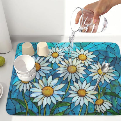 Daisy Drying Mat 24x18 Inch, Summer Spring Drying Mat with Absorbent Reversible Microfiber, Rustic Flowers Dish Drainer Mats Floral Rack Pad for Coffee Countertop Kitchen Protector